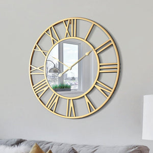 Large Golden Wall Clock with Mirror, 24" Silent Roman Clock, Heavy Metal, Living Room Wall Decor-Sona Casa