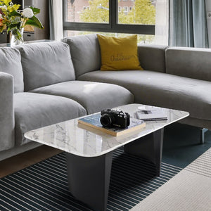 Modern 47" Rectangle Coffee Table, White Marble Top, Metal Matte Black Frame Home Decor by Sona Casa