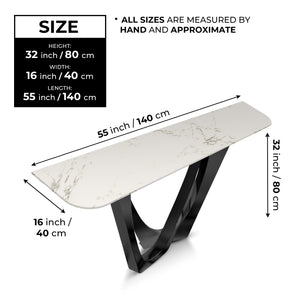 Modern 51" Console Table, High Quality White Marble Top, Stainless Steel Metal Matte Black by Sona Casa