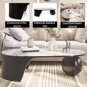 Designer 47" Coffee Table, Ball Base Design, White Artificial Marble Surface, Metal Matte Black Frame, Home Decor by Sona Casa