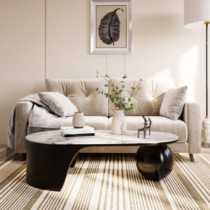 Designer 47" Coffee Table, Ball Base Design, White Artificial Marble Surface, Metal Matte Black Frame, Home Decor by Sona Casa