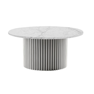 Modern Round Coffee Table Set 35" and 20" White Marble Top, Metal Silver Frame, Centerpiece by Sona Casa