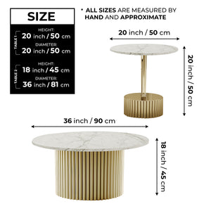 Modern Round Coffee Table Set 35" and 20" Centerpiece, Marble Surface, Metal Gold Frame by Sona Casa