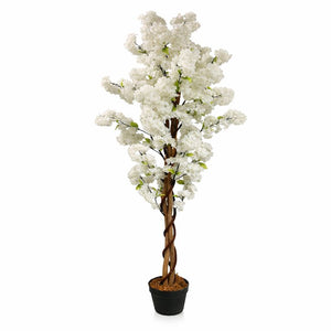 55" White Sichuan Cherry Blossom Artificial Tree with Cement Base, Realistic Indoor Outdoor Faux Plant Decor by Sona Casa