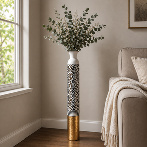 Tall White Silver Gold Metal Floor Vase with Metallic Finish for Modern Home Decor 14x14x106.7 cm by Sona Casa