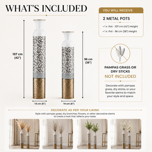 Set of 2 Round Metal Vases in White, Silver, and Gold Finish – Modern Decorative Accent for Home or Office – 14x14x106.7cm & 13.5x13.5x95.5cm