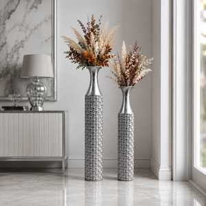 Set of 2 Silver Metal Floor Vases with Modern Minimalist Design, Tall Decorative Accent for Living Room or Entryway, 15x15x107cm & 14x14x95cm