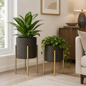 Set of 2 Brown Gold Metal Decorative Planters with Modern Finish for Indoor Home Decor