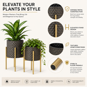 Set of 2 Brown Gold Metal Decorative Planters with Modern Finish for Indoor Home Decor