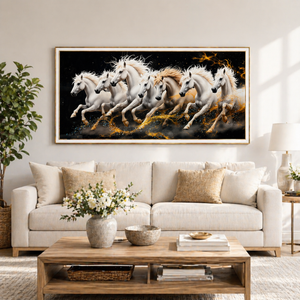 Seven White Horses Wall Art with Crystals, Modern 70x140 cm Premium Home Decor Canvas Painting