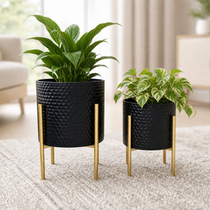 Set of 2 Modern Black and Gold Metal Planters with Geometric Design for Indoor Home Decor
