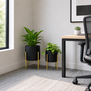 Set of 2 Modern Black and Gold Metal Planters with Geometric Design for Indoor Home Decor