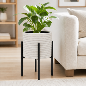 Modern White Metal Flower Pot with Black Base, Minimalist Plant Stand, 25cm Diameter x 46cm Height