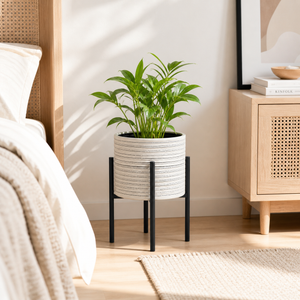 Modern White Metal Flower Pot with Black Base, Minimalist Plant Stand, 25cm Diameter x 46cm Height