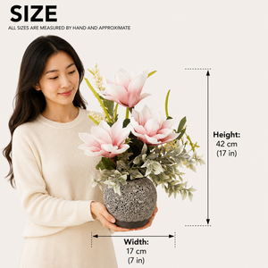 Gray Ceramic Planter with Pink and White Artificial Flowers, Modern Floral Home Decor, 17x42cm by Sona Casa