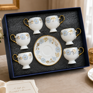 White and Blue Porcelain Coffee Cup and Saucer Set, 6 Cups and 6 Saucers, Elegant Classic Home Dining Gift Set by Sona Casa