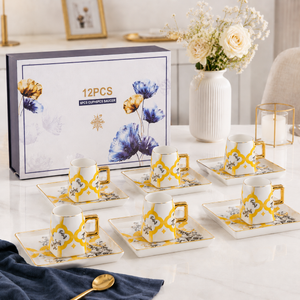 Square Base White and Yellow Coffee Cup and Saucer Set, 6-Pair Premium Ceramic Tea Drinkware Gift Collection by Sona Casa