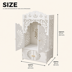 White Indian Pooja Mandir Temple with Classic Design, White Finish, 38" x 18" x 22.5" for Home Prayer Room by Sona Casa