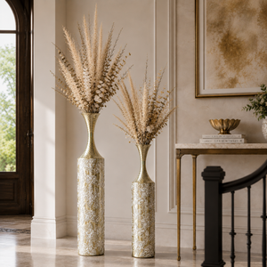 Set of 2 Gold Floral Metal Vases with Tall Sculptural Design for Elegant Home Decor, 14.7x14.7x106.5cm & 14.7x14.7x95.5cm