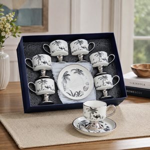 White and Silver Design Coffee Cup and Saucer Set, 6 Cups and 6 Saucers – Elegant Tableware Gift Set by Sona Casa