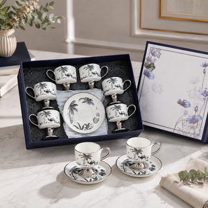 White and Silver Design Coffee Cup and Saucer Set, 6 Cups and 6 Saucers – Elegant Tableware Gift Set by Sona Casa
