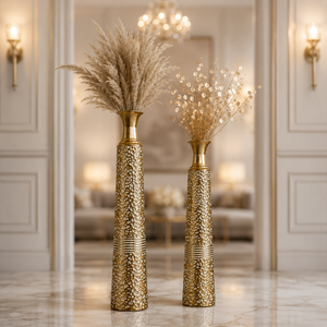 Set of 2 Gold Tapered Floral Metal Vases for Home Decor, Modern Elegant Centerpiece Accent, 17.7x17.7x106.7cm & 17.7x17.7x95.3cm
