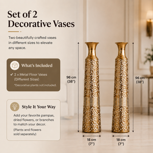 Set of 2 Tall Gold Metal Vases with Modern Minimalist Finish for Elegant Home Decor 17.7x17.7x95.3 cm