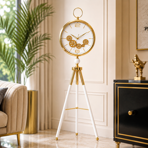 Modern White LED Tripod Floor Clock with Moving Gears, Industrial Style Home Decor Accent