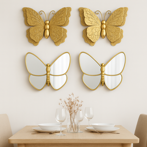 4 Piece Gold Butterfly Wall Decor Set, 3D Wall Sculpture & Mirrored Accents, Modern Glam Home Decor for Bedroom, Living Room, Nursery-Sona Casa