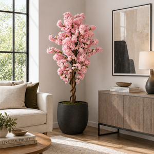 5 ft Tall Faux Pink Sichuan Cherry Blossom Tree, Realistic Artificial Indoor Plant for Living Room, Office & Patio Decor-Sona Casa