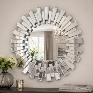 Silver 66 cm Round Wall Mirror with Decorative Sunburst Frame, Modern Silver Finish, Elegant Home Accent by Sona Casa