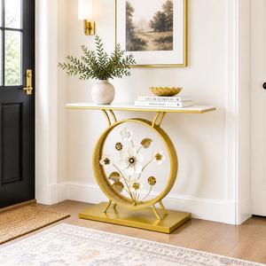 Marble Console Table with Round Floral Base, Elegant White and Gold Accent, 100x35x78 cm Premium Home Decor Accent