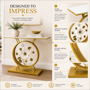 Marble Console Table with Round Floral Base, Elegant White and Gold Accent, 100x35x78 cm Premium Home Decor Accent