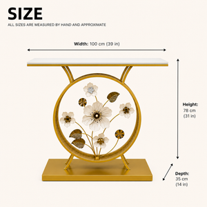 Marble Console Table with Round Floral Base, Elegant White and Gold Accent, 100x35x78 cm Premium Home Decor Accent