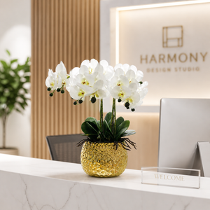 Elegant Gold Ceramic Vase with Artificial White Orchid Design, Glossy Finish, 17x42cm, Premium Home Decor Accent by Sona Casa