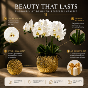 Elegant Gold Ceramic Vase with Artificial White Orchid Design, Glossy Finish, 17x42cm, Premium Home Decor Accent by Sona Casa