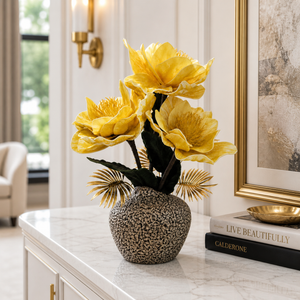 Tall Brown Ceramic Vase with Yellow Artificial Floral Arrangement, Modern Rustic Home Decor, 17x42cm by Sona Casa