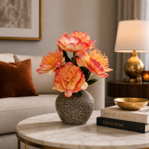 Elegant Brown Ceramic Vase with Red Artificial Floral Accent, Modern Minimalist Home Decor, 17x42cm by Sona Casa