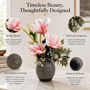 Gray Ceramic Planter with Pink and White Artificial Flowers, Modern Floral Home Decor, 17x42cm by Sona Casa