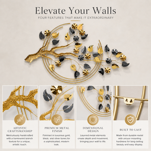 Large Metal 3D Wall Sculpture Golden Tree, Modern Abstract Nature-Inspired Home Decor, 132x82x8 cm