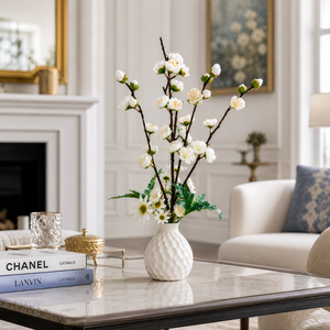 Elegant White Ceramic Pot with White Artificial Orchid Sticks, Minimalist Modern Home Decor, 14x50cm by Sona Casa