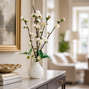 Elegant White Ceramic Pot with White Artificial Orchid Sticks, Minimalist Modern Home Decor, 14x50cm by Sona Casa