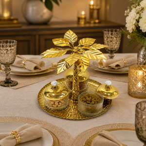 Gold Tree Design Metal Tray with Two Glass Jars, Decorative Gold Finish, 24" Square Premium Home Accent