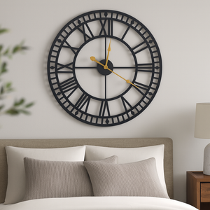Oversized Round Metal Wall Clock, Large 32" Black Roman Numeral Silent Non Chime Clock, Home Office Decor-Sona Casa