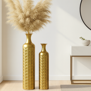 Set of 2 Tall Gold Floor Vases, Modern Geometric Metal Vases for Living Room Decor, Large 98cm & 80cm Tall Vase Pair-Sona Casa