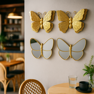 4 Piece Gold Butterfly Wall Decor Set, 3D Wall Sculpture & Mirrored Accents, Modern Glam Home Decor for Bedroom, Living Room, Nursery-Sona Casa