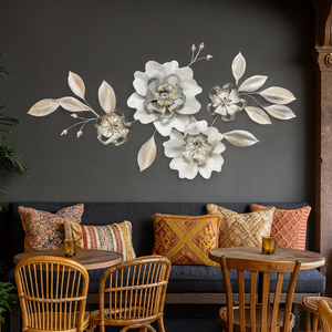 Large 1.5m Metal 3D Floral Wall Art Sculpture in Brushed Silver, White & Gold – Modern Flower Wall Decor for Living Room & Bedroom-Sona Casa
