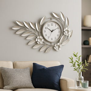 Large 48 Inch Silver Floral Metal Wall Clock, Modern Analog Quartz Timepiece for Living Room & Home Decor-Sona Casa