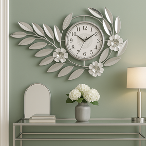 Large 48 Inch Silver Floral Metal Wall Clock, Modern Analog Quartz Timepiece for Living Room & Home Decor-Sona Casa