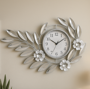 Large 48 Inch Silver Floral Metal Wall Clock, Modern Analog Quartz Timepiece for Living Room & Home Decor-Sona Casa